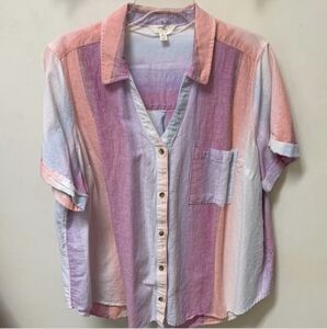 Terra & Sky Button Up Pastel Collared Cotton Linen Blend Top Size 2X